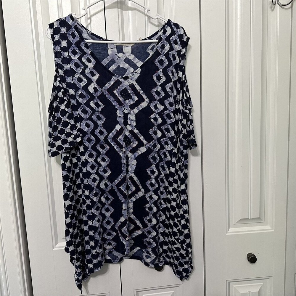 Soft Surroundings Top Talia Tunic Cold Shoulder Navy Blue Beaded Women's Medium